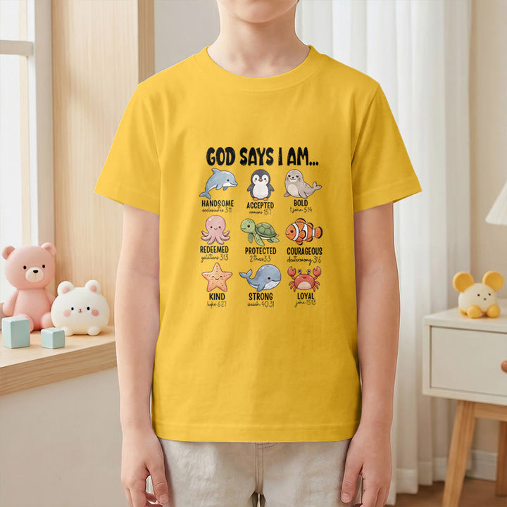 Christianartworkshop Bequemes Kurzarm-T-Shirt für Kinder mit Wal-, Pinguin- und Krabbenprint und Glaubensspruch - image 1