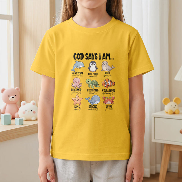 Christianartworkshop Bequemes Kurzarm-T-Shirt für Kinder mit Wal-, Pinguin- und Krabbenprint und Glaubensspruch - image 2