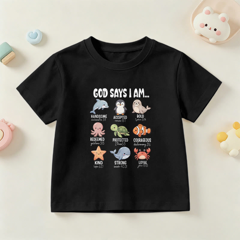 Christianartworkshop Bequemes Kurzarm-T-Shirt für Kinder mit Wal-, Pinguin- und Krabbenprint und Glaubensspruch - Schwarz - US/GB/AU 14, EU 170 - image 3