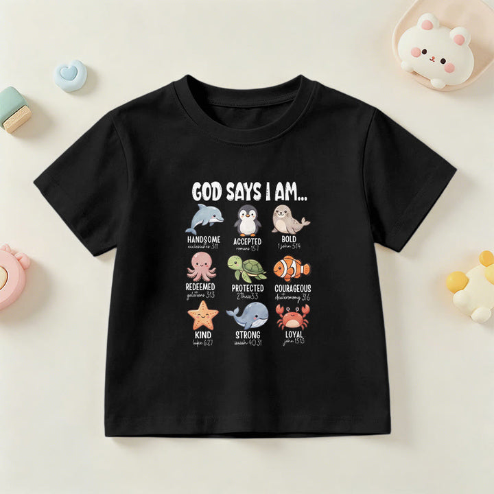 Christianartworkshop Bequemes Kurzarm-T-Shirt für Kinder mit Wal-, Pinguin- und Krabbenprint und Glaubensspruch - Schwarz - US/GB/AU 14, EU 170 - image 3