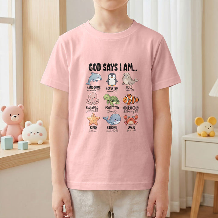 Christianartworkshop Bequemes Kurzarm-T-Shirt für Kinder mit Wal-, Pinguin- und Krabbenprint und Glaubensspruch - image 16