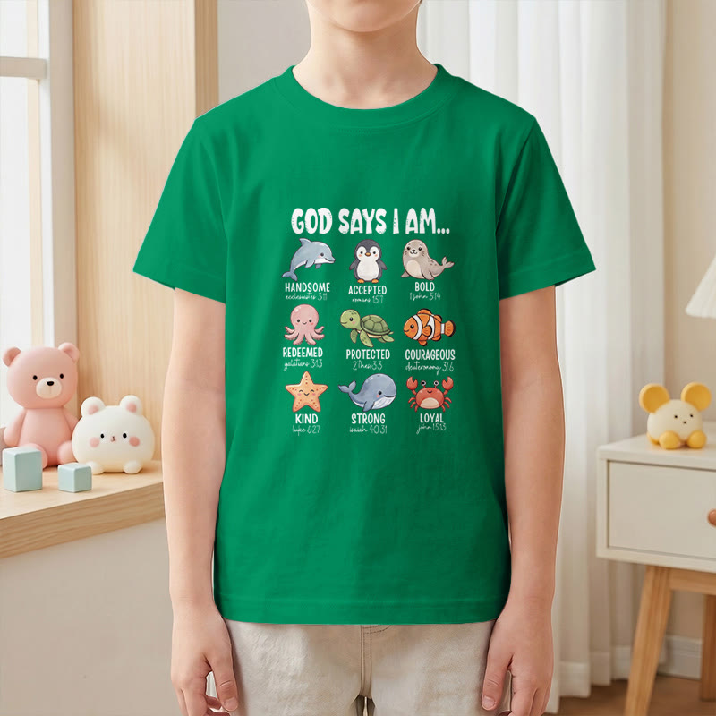 Christianartworkshop Bequemes Kurzarm-T-Shirt für Kinder mit Wal-, Pinguin- und Krabbenprint und Glaubensspruch - image 19