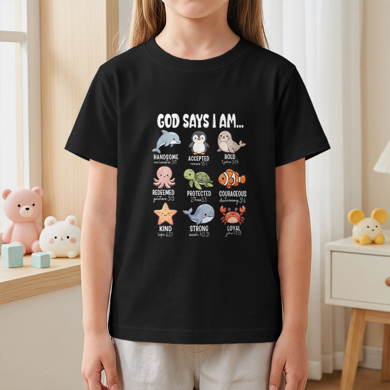 Christianartworkshop Bequemes Kurzarm-T-Shirt für Kinder mit Wal-, Pinguin- und Krabbenprint und Glaubensspruch - image 5