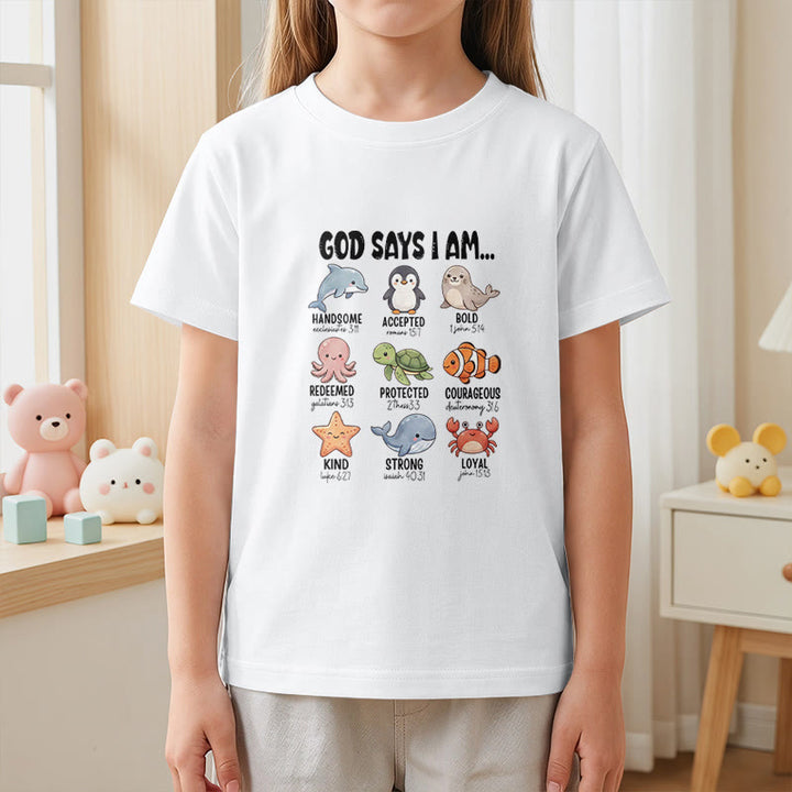 Christianartworkshop Bequemes Kurzarm-T-Shirt für Kinder mit Wal-, Pinguin- und Krabbenprint und Glaubensspruch - image 23