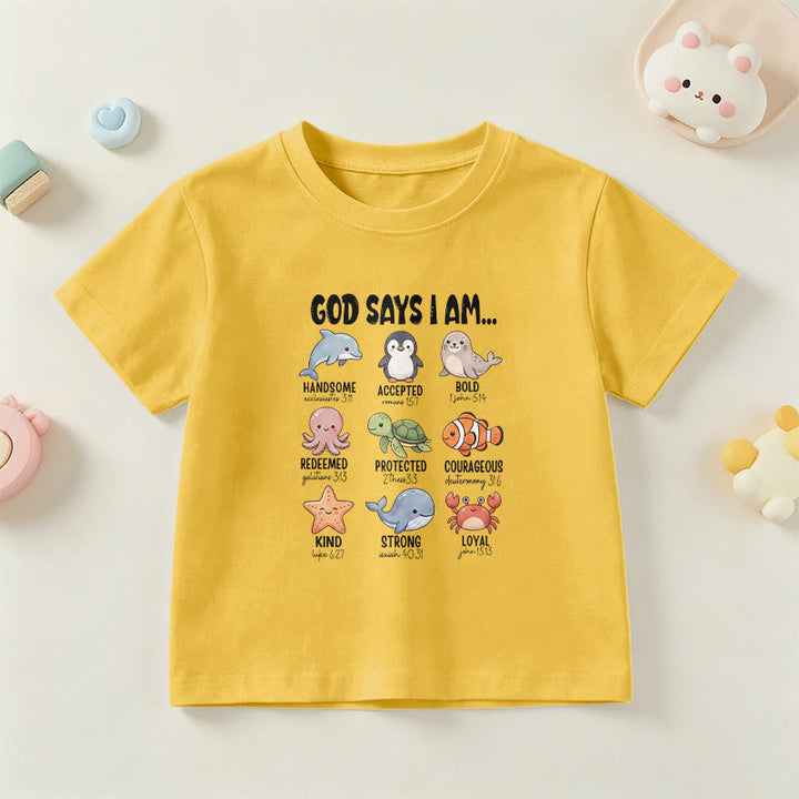 Christianartworkshop Bequemes Kurzarm-T-Shirt für Kinder mit Wal-, Pinguin- und Krabbenprint und Glaubensspruch - Gelb - US/GB/AU 14, EU 170 - image 0