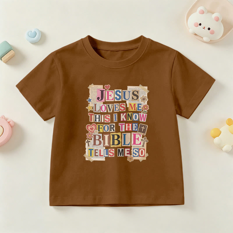 Christianartworkshop „Jesus liebt mich, das weiß ich“ Vintage-Ausschnitt-Buchstaben-Patch-Kinder-Kurzarm-T-Shirt - Braun - US/GB/AU 14, EU 170 - image 0