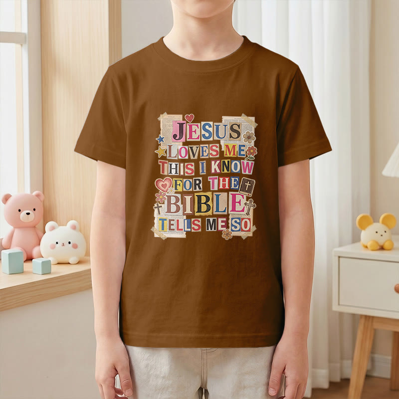 Christianartworkshop „Jesus liebt mich, das weiß ich“ Vintage-Ausschnitt-Buchstaben-Patch-Kinder-Kurzarm-T-Shirt - image 1