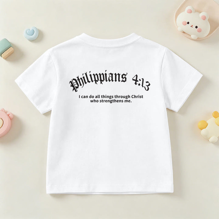 Christianartworkshop Philipper 4,13 – Kurzarm-T-Shirt für Kinder mit Kreuz auf der Vorderseite und Rückseite in gotischer Schrift - image 15
