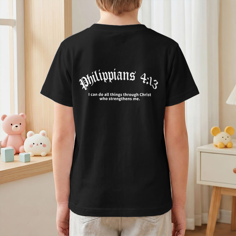 Christianartworkshop Philipper 4,13 – Kurzarm-T-Shirt für Kinder mit Kreuz auf der Vorderseite und Rückseite in gotischer Schrift - image 43