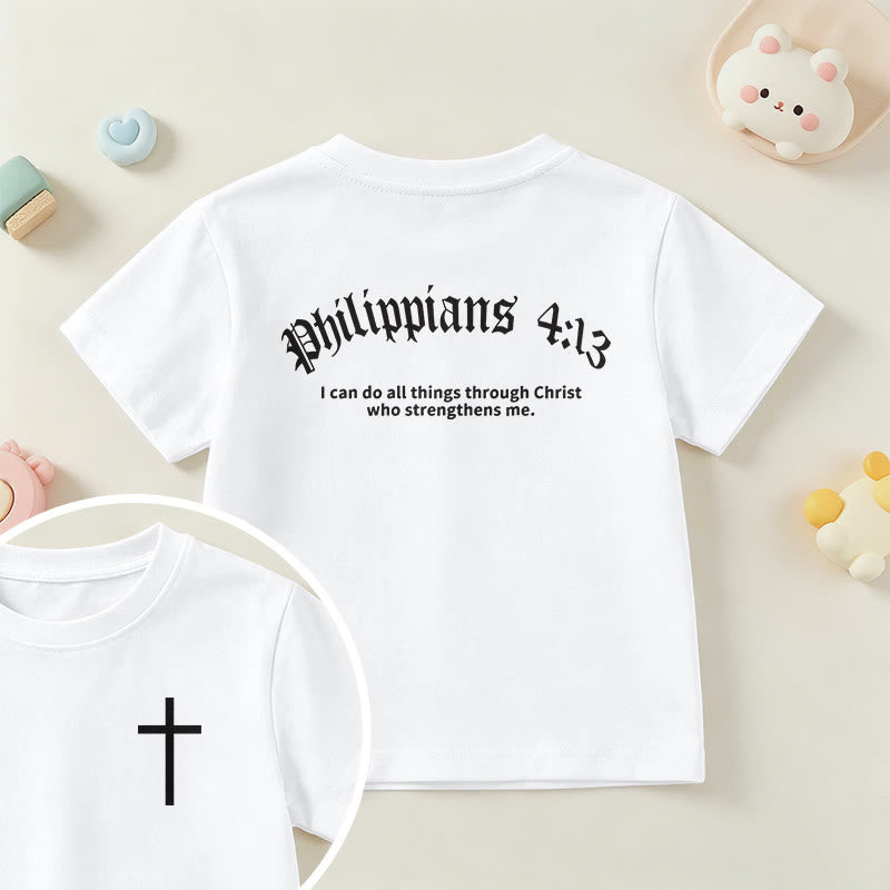 Christianartworkshop Philipper 4,13 – Kurzarm-T-Shirt für Kinder mit Kreuz auf der Vorderseite und Rückseite in gotischer Schrift - Weiß - US/GB/AU 14, EU 170 - image 9