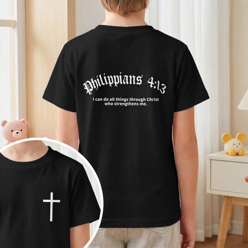 Christianartworkshop Philipper 4,13 – Kurzarm-T-Shirt für Kinder mit Kreuz auf der Vorderseite und Rückseite in gotischer Schrift - image 37