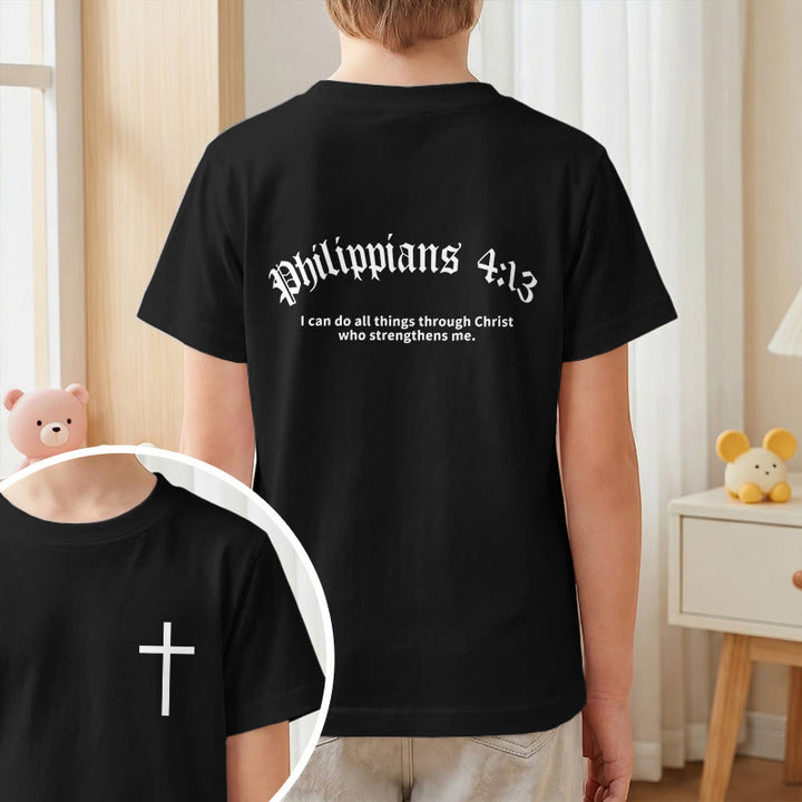 Christianartworkshop Philipper 4,13 – Kurzarm-T-Shirt für Kinder mit Kreuz auf der Vorderseite und Rückseite in gotischer Schrift - image 37