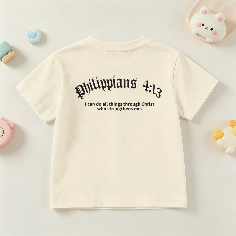 Christianartworkshop Philipper 4,13 – Kurzarm-T-Shirt für Kinder mit Kreuz auf der Vorderseite und Rückseite in gotischer Schrift - image 6