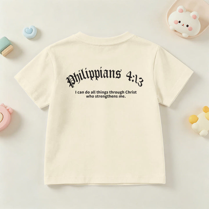 Christianartworkshop Philipper 4,13 – Kurzarm-T-Shirt für Kinder mit Kreuz auf der Vorderseite und Rückseite in gotischer Schrift - image 6