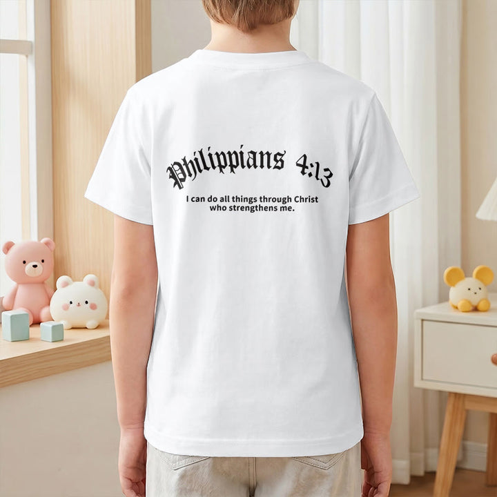 Christianartworkshop Philipper 4,13 – Kurzarm-T-Shirt für Kinder mit Kreuz auf der Vorderseite und Rückseite in gotischer Schrift - image 16
