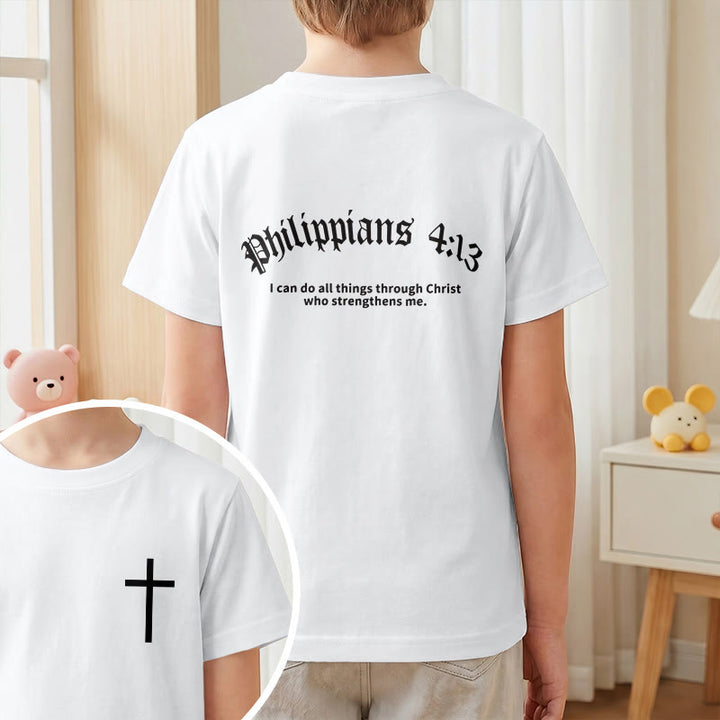 Christianartworkshop Philipper 4,13 – Kurzarm-T-Shirt für Kinder mit Kreuz auf der Vorderseite und Rückseite in gotischer Schrift - image 11