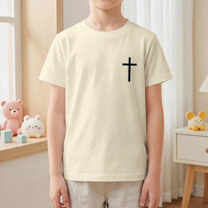 Christianartworkshop Philipper 4,13 – Kurzarm-T-Shirt für Kinder mit Kreuz auf der Vorderseite und Rückseite in gotischer Schrift - image 4