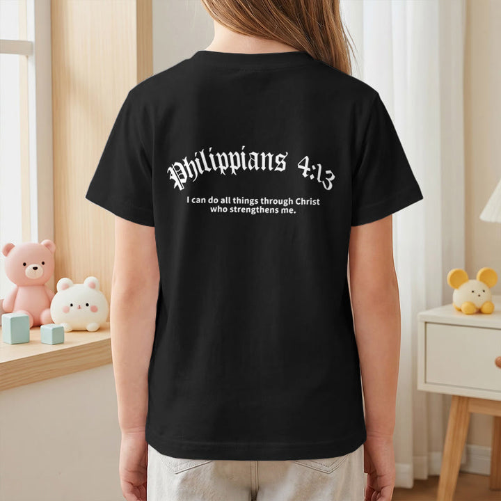 Christianartworkshop Philipper 4,13 – Kurzarm-T-Shirt für Kinder mit Kreuz auf der Vorderseite und Rückseite in gotischer Schrift - image 44
