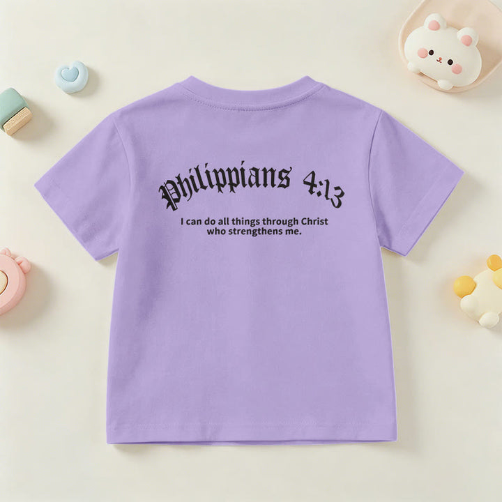 Christianartworkshop Philipper 4,13 – Kurzarm-T-Shirt für Kinder mit Kreuz auf der Vorderseite und Rückseite in gotischer Schrift - image 51