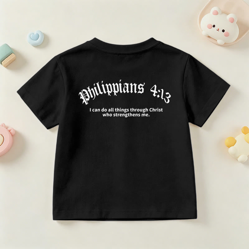 Christianartworkshop Philipper 4,13 – Kurzarm-T-Shirt für Kinder mit Kreuz auf der Vorderseite und Rückseite in gotischer Schrift - image 42