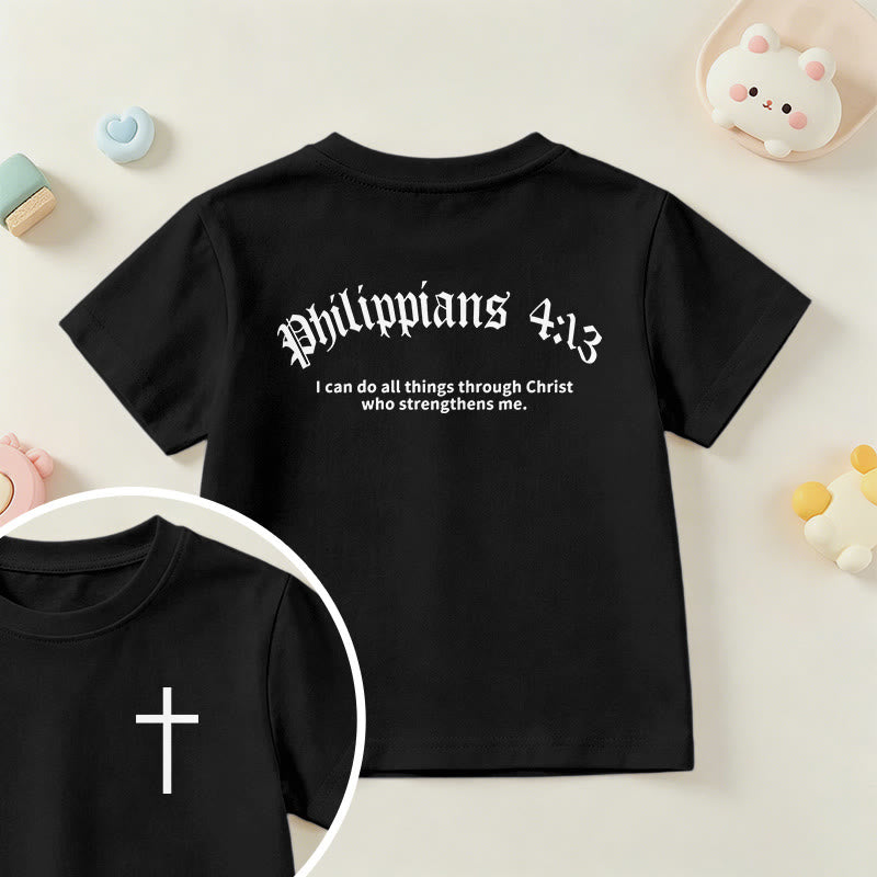 Christianartworkshop Philipper 4,13 – Kurzarm-T-Shirt für Kinder mit Kreuz auf der Vorderseite und Rückseite in gotischer Schrift - Schwarz - US/GB/AU 14, EU 170 - image 36