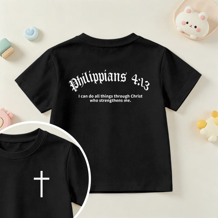 Christianartworkshop Philipper 4,13 – Kurzarm-T-Shirt für Kinder mit Kreuz auf der Vorderseite und Rückseite in gotischer Schrift - Schwarz - US/GB/AU 14, EU 170 - image 36