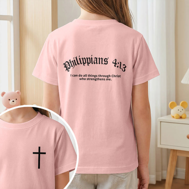 Christianartworkshop Philipper 4,13 – Kurzarm-T-Shirt für Kinder mit Kreuz auf der Vorderseite und Rückseite in gotischer Schrift - image 65