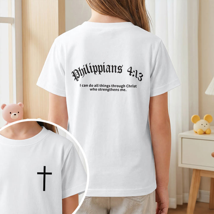 Christianartworkshop Philipper 4,13 – Kurzarm-T-Shirt für Kinder mit Kreuz auf der Vorderseite und Rückseite in gotischer Schrift - image 10