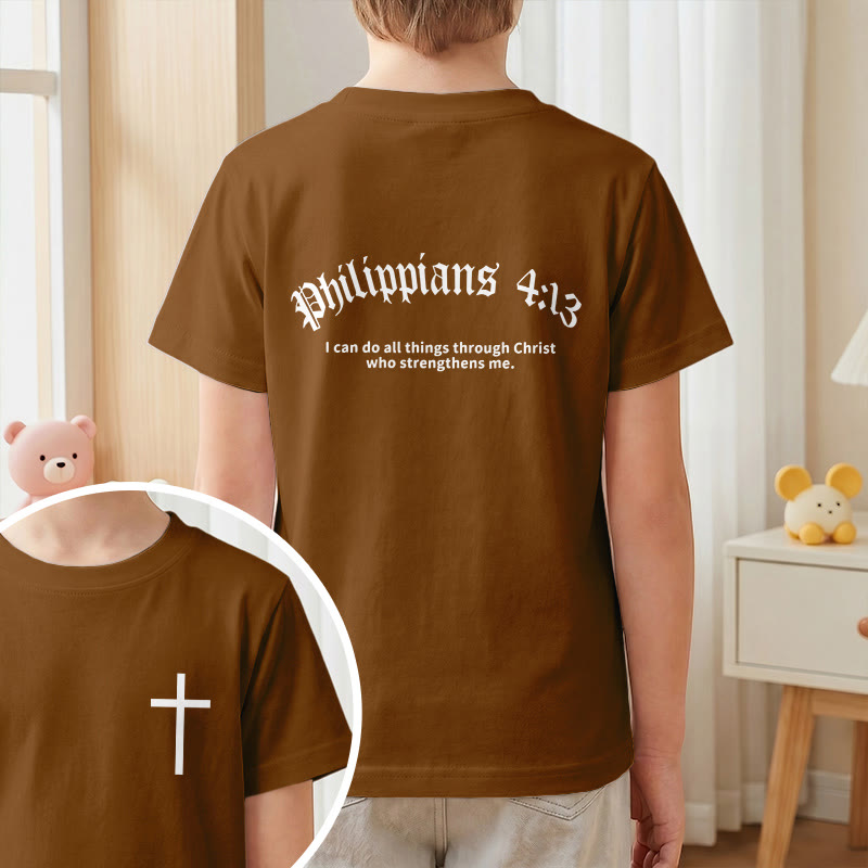 Christianartworkshop Philipper 4,13 – Kurzarm-T-Shirt für Kinder mit Kreuz auf der Vorderseite und Rückseite in gotischer Schrift - image 19