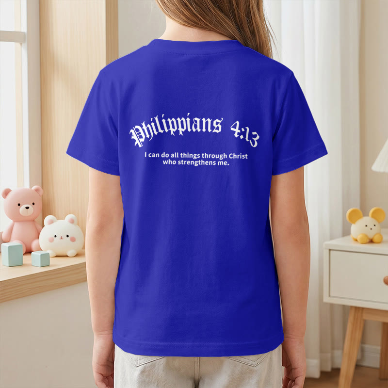 Christianartworkshop Philipper 4,13 – Kurzarm-T-Shirt für Kinder mit Kreuz auf der Vorderseite und Rückseite in gotischer Schrift - image 83