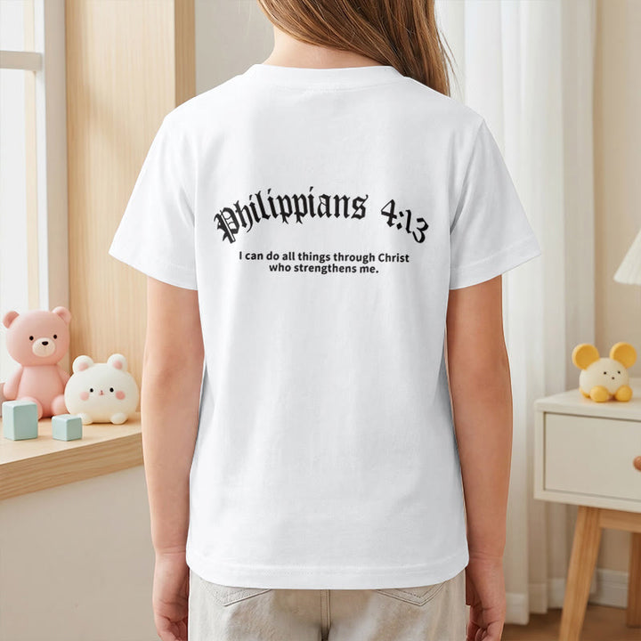 Christianartworkshop Philipper 4,13 – Kurzarm-T-Shirt für Kinder mit Kreuz auf der Vorderseite und Rückseite in gotischer Schrift - image 17