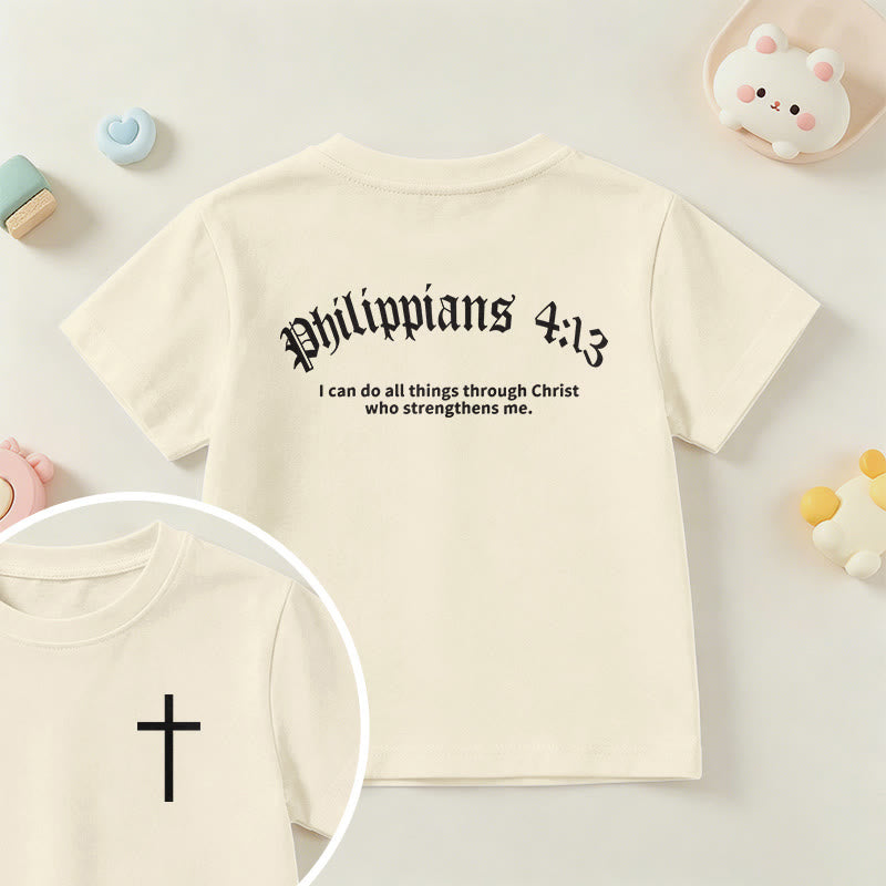 Christianartworkshop Philipper 4,13 – Kurzarm-T-Shirt für Kinder mit Kreuz auf der Vorderseite und Rückseite in gotischer Schrift - Beige - US/GB/AU 14, EU 170 - image 0