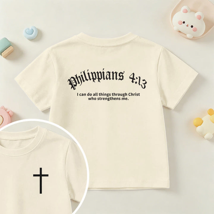Christianartworkshop Philipper 4,13 – Kurzarm-T-Shirt für Kinder mit Kreuz auf der Vorderseite und Rückseite in gotischer Schrift - Beige - US/GB/AU 14, EU 170 - image 0