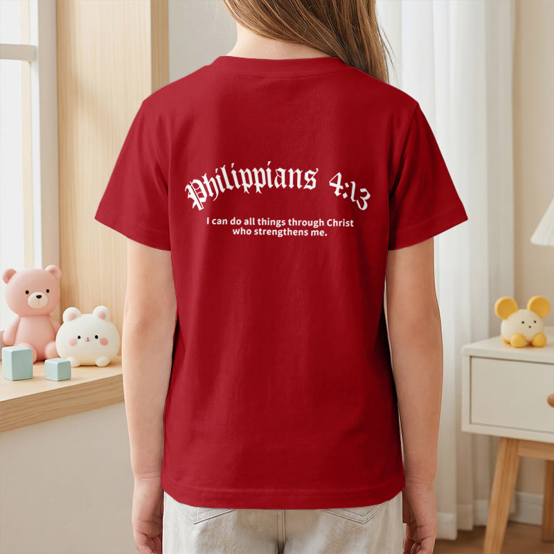 Christianartworkshop Philipper 4,13 – Kurzarm-T-Shirt für Kinder mit Kreuz auf der Vorderseite und Rückseite in gotischer Schrift - image 62