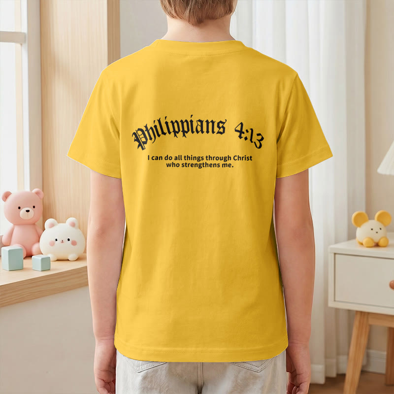 Christianartworkshop Philipper 4,13 – Kurzarm-T-Shirt für Kinder mit Kreuz auf der Vorderseite und Rückseite in gotischer Schrift - image 34