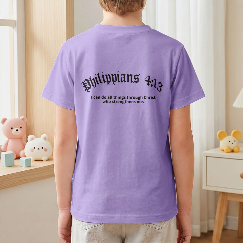 Christianartworkshop Philipper 4,13 – Kurzarm-T-Shirt für Kinder mit Kreuz auf der Vorderseite und Rückseite in gotischer Schrift - image 52