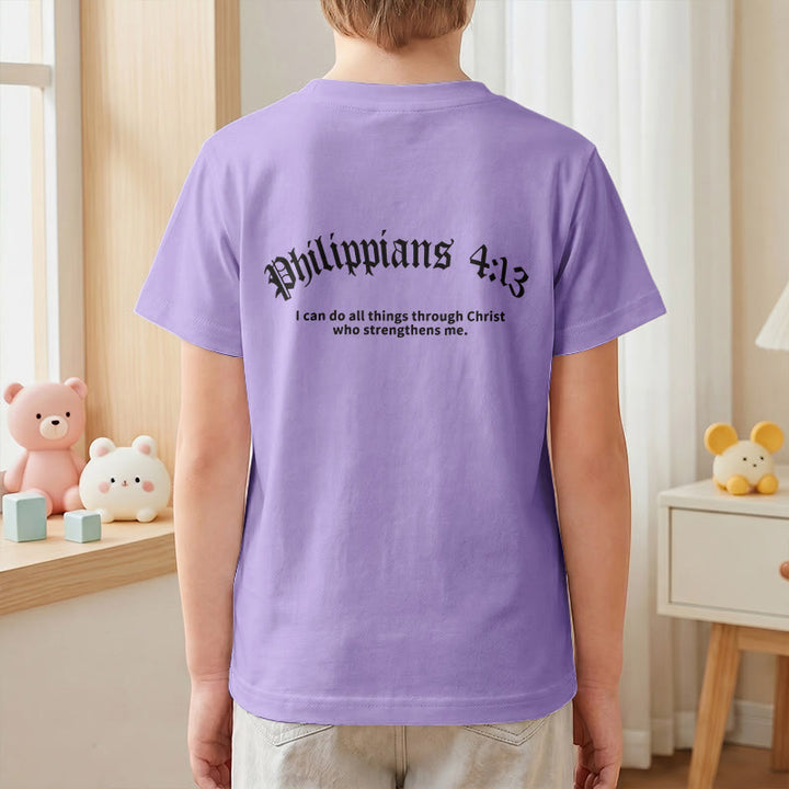 Christianartworkshop Philipper 4,13 – Kurzarm-T-Shirt für Kinder mit Kreuz auf der Vorderseite und Rückseite in gotischer Schrift - image 52