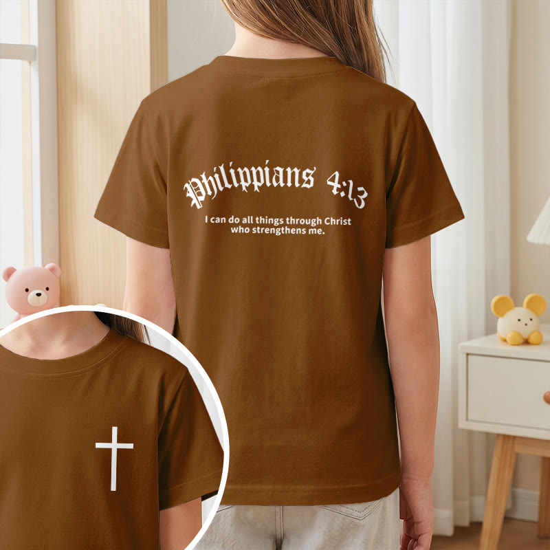 Christianartworkshop Philipper 4,13 – Kurzarm-T-Shirt für Kinder mit Kreuz auf der Vorderseite und Rückseite in gotischer Schrift - image 20