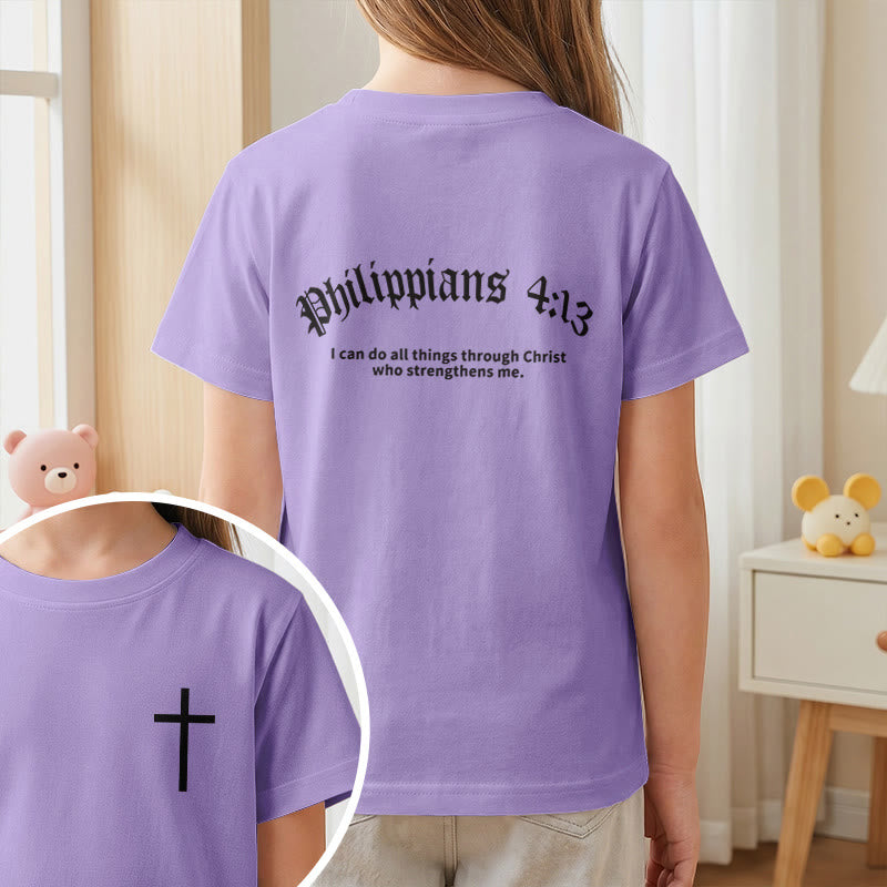 Christianartworkshop Philipper 4,13 – Kurzarm-T-Shirt für Kinder mit Kreuz auf der Vorderseite und Rückseite in gotischer Schrift - image 47