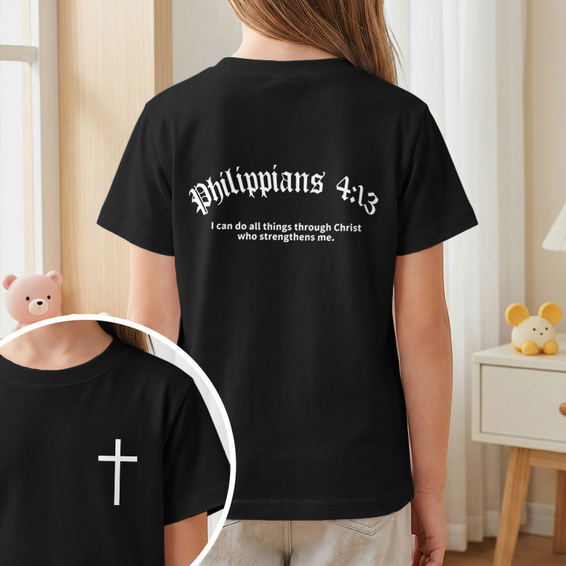 Christianartworkshop Philipper 4,13 – Kurzarm-T-Shirt für Kinder mit Kreuz auf der Vorderseite und Rückseite in gotischer Schrift - image 38