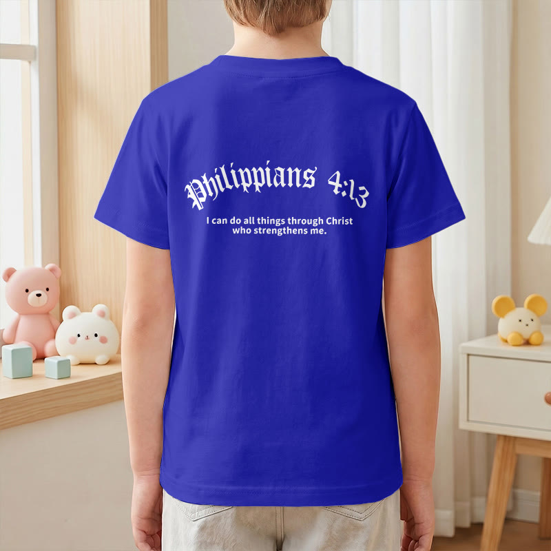 Christianartworkshop Philipper 4,13 – Kurzarm-T-Shirt für Kinder mit Kreuz auf der Vorderseite und Rückseite in gotischer Schrift - image 88