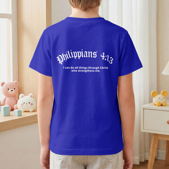 Christianartworkshop Philipper 4,13 – Kurzarm-T-Shirt für Kinder mit Kreuz auf der Vorderseite und Rückseite in gotischer Schrift - image 88