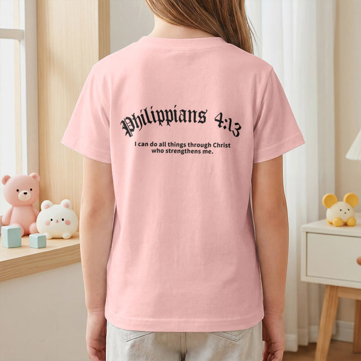 Christianartworkshop Philipper 4,13 – Kurzarm-T-Shirt für Kinder mit Kreuz auf der Vorderseite und Rückseite in gotischer Schrift - image 71