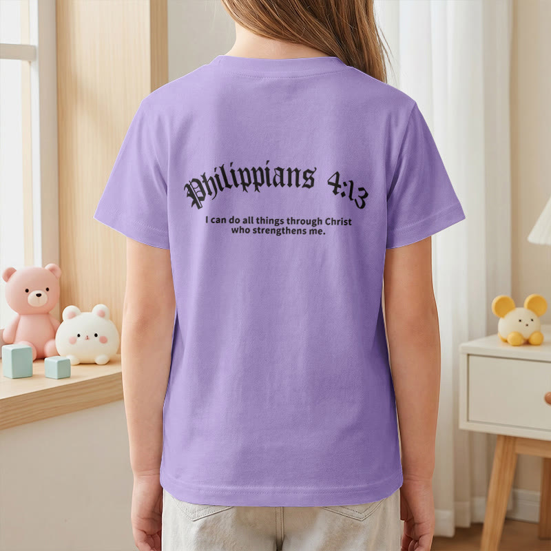 Christianartworkshop Philipper 4,13 – Kurzarm-T-Shirt für Kinder mit Kreuz auf der Vorderseite und Rückseite in gotischer Schrift - image 53