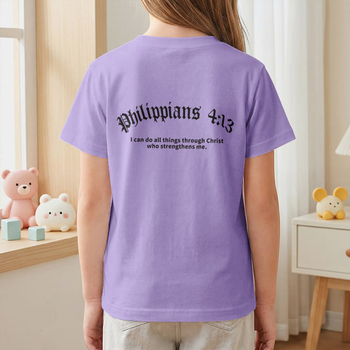 Christianartworkshop Philipper 4,13 – Kurzarm-T-Shirt für Kinder mit Kreuz auf der Vorderseite und Rückseite in gotischer Schrift - image 53