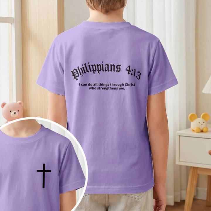 Christianartworkshop Philipper 4,13 – Kurzarm-T-Shirt für Kinder mit Kreuz auf der Vorderseite und Rückseite in gotischer Schrift - image 46