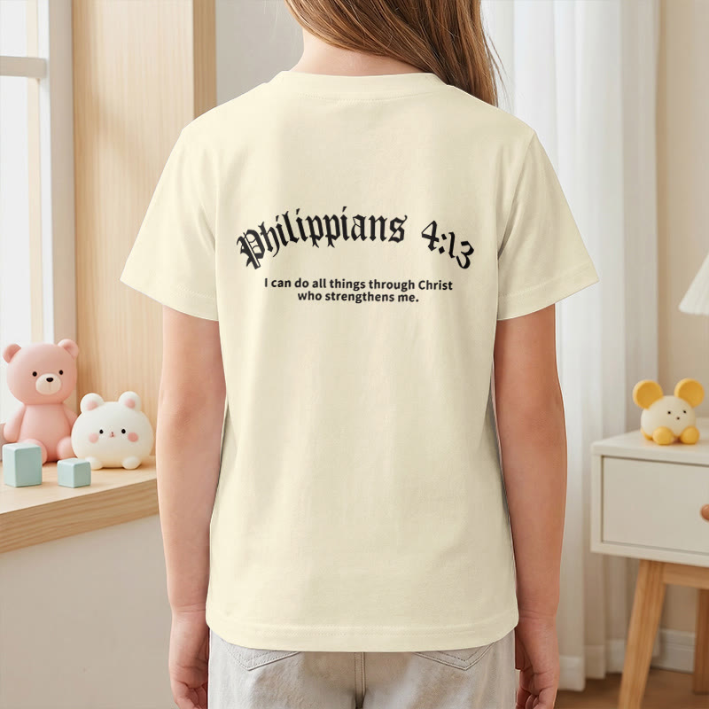Christianartworkshop Philipper 4,13 – Kurzarm-T-Shirt für Kinder mit Kreuz auf der Vorderseite und Rückseite in gotischer Schrift - image 8