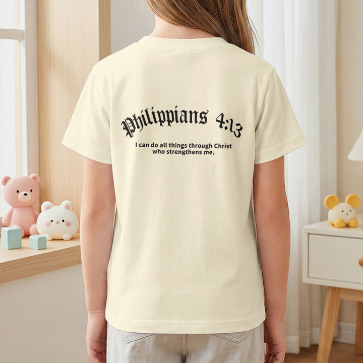 Christianartworkshop Philipper 4,13 – Kurzarm-T-Shirt für Kinder mit Kreuz auf der Vorderseite und Rückseite in gotischer Schrift - image 8