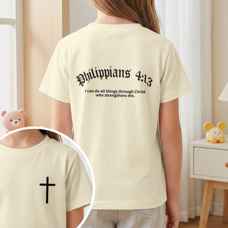 Christianartworkshop Philipper 4,13 – Kurzarm-T-Shirt für Kinder mit Kreuz auf der Vorderseite und Rückseite in gotischer Schrift - image 2