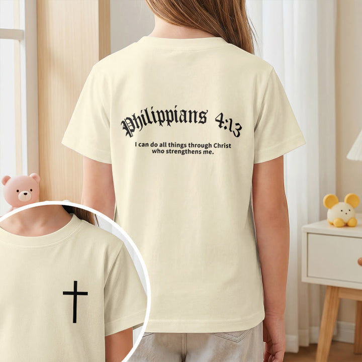 Christianartworkshop Philipper 4,13 – Kurzarm-T-Shirt für Kinder mit Kreuz auf der Vorderseite und Rückseite in gotischer Schrift - image 2